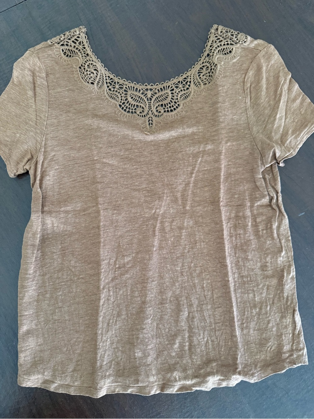 Sezane Short Sleeve Top with Crochet Neckline — Taupe